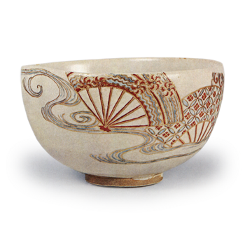 Ninsei: tea bowl with design of fans afloat on a stream, enamelled ware