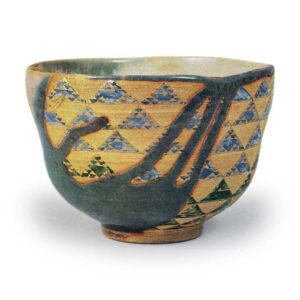 Ninsei: tea bowl with wave and imbricate triangle design, enamelled ware