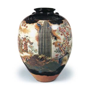 Ninsei: tea jar with design of a pavilion with figures and a carpascending a waterfall, enamelled were