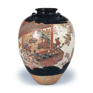 Ninsei: tea jar with design of a pavilion with figures and a carpascending a waterfall, enamelled were