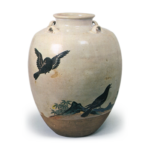 Ninsei: tea jar with design of crows, enamelled ware