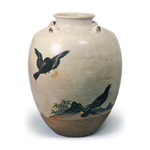 Ninsei: tea jar with design of crows, enamelled ware