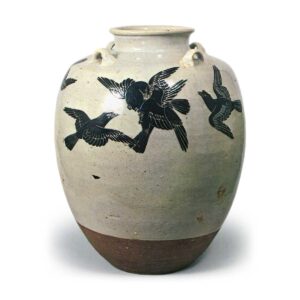 Ninsei: tea jar with design of crows, enamelled ware