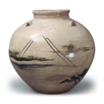 Ninsei: tea jar with design of Miho Pine Beach, iron brown under glaze