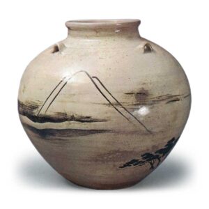 Ninsei: tea jar with design of Miho Pine Beach, iron brown under glaze