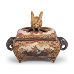 Ninsei: incense burner with Tatsuta River (maple and stream) designwith cover surmounted by rabbit knob, enamelled ware