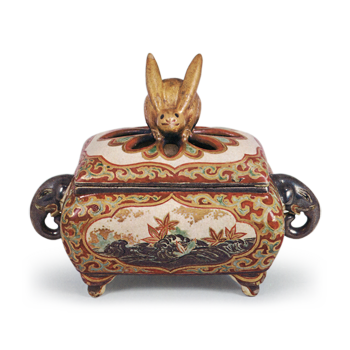 Ninsei: incense burner with Tatsuta River (maple and stream) designwith cover surmounted by rabbit knob, enamelled ware