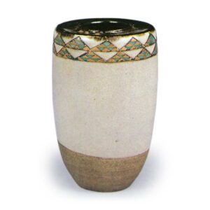 Ninsei: tea caddy of katatsuki form with design of imbricate triangles,enamelled ware