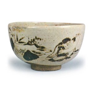 Ninsei: tea bowl with design of Kanzan and Jittoku, iron brown underglaze