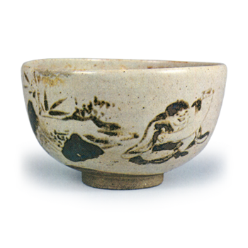 Ninsei: tea bowl with design of Kanzan and Jittoku, iron brown underglaze