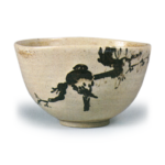 Ninsei: tea bowl with myna bird design, iron brown under glaze