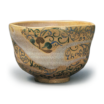 Ninsei: tea bowl with clematis scroll design, enamelled ware