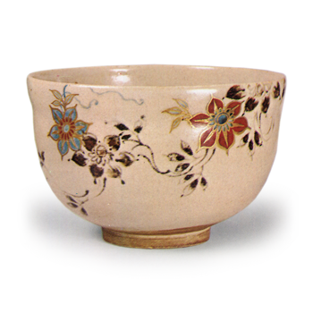 Ninsei: tea bowl with clematis design, enamelled ware