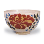 Ninsei: tea bowl with squared mouth with peony scroll design, enamelled ware