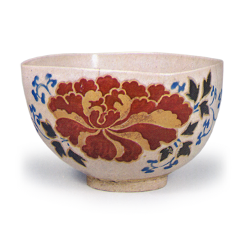 Ninsei: tea bowl with squared mouth with peony scroll design, enamelled ware