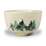 Ninsei: tea bowl with design of cryptomeria trees, enamelled ware