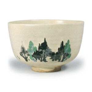 Ninsei: tea bowl with design of cryptomeria trees, enamelled ware