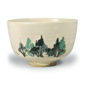 Ninsei: tea bowl with design of cryptomeria trees, enamelled ware ...