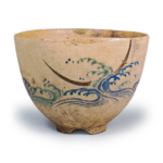 Ninsei: tea bowl with design of waves and a crescent moon, enamelled ware