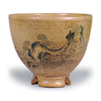 Ninsei: tea bowl with design of waves at Matsushima, enamelled ware