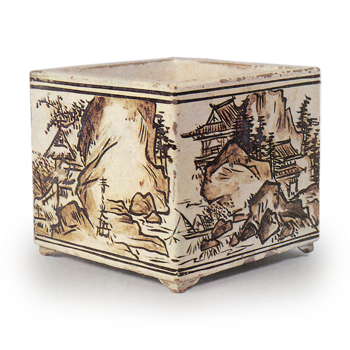 Kōrin & Kenzan: square brazier with design of landscape and buildings,iron brown under glaze