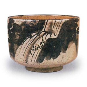 Kenzan: tea bowl with design of landscape and waterfall, iron brownunder glaze