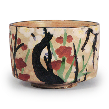 Kenzan: tea bowl with yari-ume design, enamelled ware