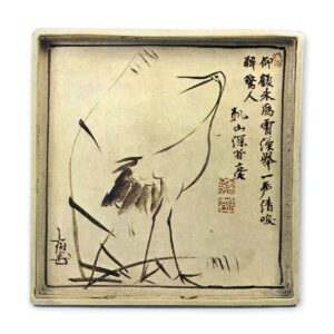 Kōrin & Kenzan: square dish with design of crane, iron brown underglaze