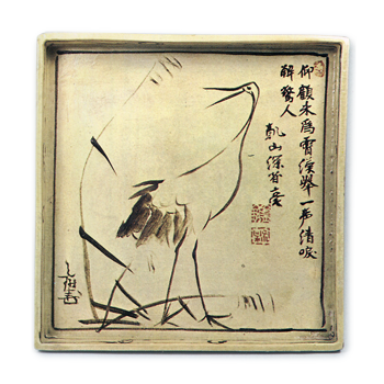 Kōrin & Kenzan: square dish with design of crane, iron brown underglaze
