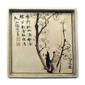 Kōrin & Kenzan: square dish with design of plum tree, iron brown underglaze