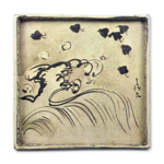 Kōrin & Kenzan: square dish with design of waves and plovers, ironbrown under glaze