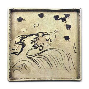 Kōrin & Kenzan: square dish with design of waves and plovers, ironbrown under glaze