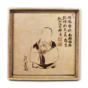 Kōrin & Kenzan: square dish with design of Juro (god of longevity),iron brown under glaze