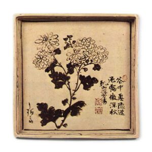 Kōrin & Kenzan: square dish with design of chrysanthemum, ironbrown under glaze