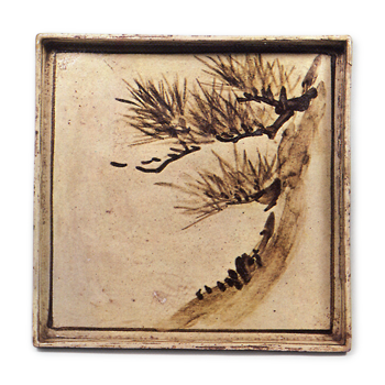 Kenzan: square dish with design of pine tree, iron brown under glaze