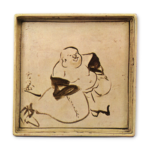 Kōrin & Kenzan: square dish with design of Hotei (Chinese priest), ironbrown under glaze