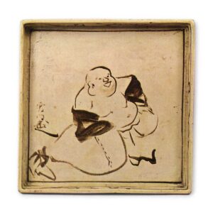 Kōrin & Kenzan: square dish with design of Hotei (Chinese priest), ironbrown under glaze