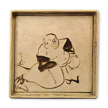 Kōrin & Kenzan: square dish with design of Hotei (Chinese priest), ironbrown under glaze