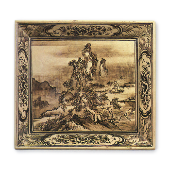 Kenzan: dish in the shape of a framed picture with design of landscape,iron brown under glaze
