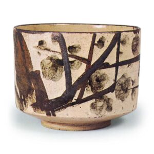 Kenzan: tea bowl with plum tree design, underglaze brown and blue