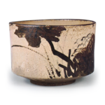 Kenzan: tea bowl with hibiscus design, underglaze brown and blue