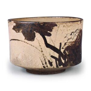 Kenzan: tea bowl with hibiscus design, underglaze brown and blue