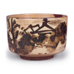 Kenzan: tea bowl with design of secluded cottage, iron brown underglaze