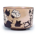 Kenzan: tea bowl with hibiscus design, underglaze brown and blue