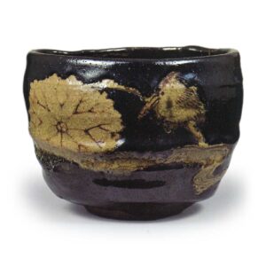 Kenzan: tea bowl with lotus and kingfisher design, black glaze