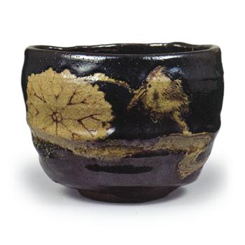 Kenzan: tea bowl with lotus and kingfisher design, black glaze