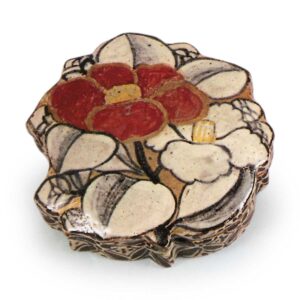 Kenzan: incense caddy with camellia design, enamelled ware