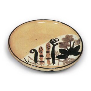 Kenzan: covered bowls with design of spring grasses, underglaze brown and blue