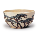 Kenzan: covered bowl with pine tree design, underglaze brown and blue