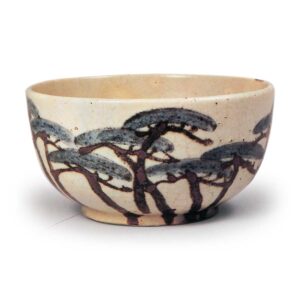 Kenzan: covered bowl with pine tree design, underglaze brown and blue